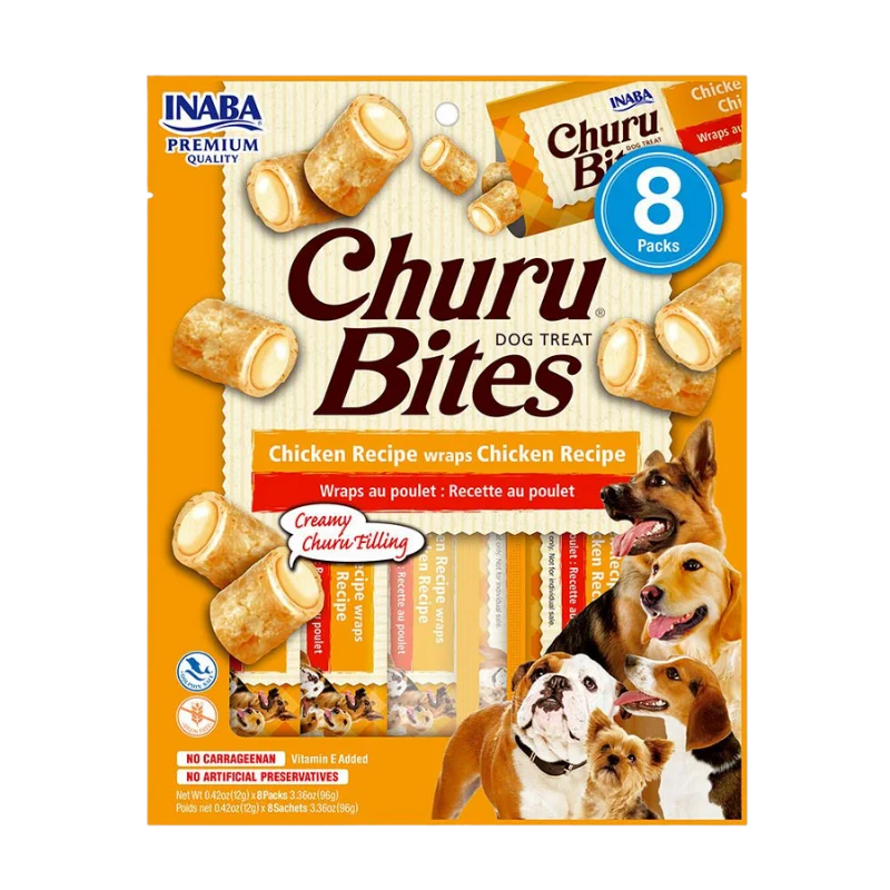 <strong>Inaba</strong> Churu Bites Dog, Snack Humedo para Perros, Sabor Pollo en Wraps de Pollo, 8 Tubos, bolsa de 96 gr