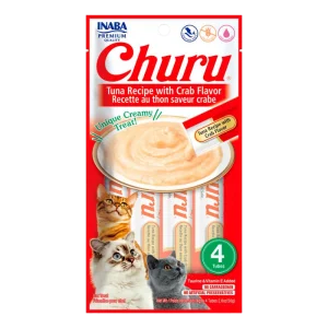 <strong>Inaba</strong> Churu Cat, Snack Húmedo para Gatos, Sabor Atún con Cangrejo, 4 tubos exprimibles, bolsa de 56 gr