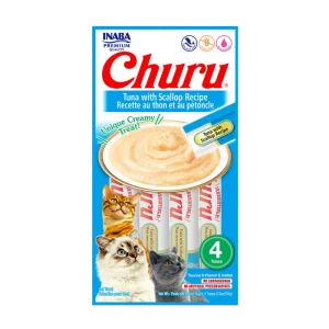 <strong>Inaba</strong> Churu Cat, Snack Húmedo para Gatos, Sabor Atún con Ostion, 4 tubos exprimibles, bolsa de 56 gr