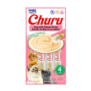 <strong>Inaba</strong> Churu Cat, Snack Húmedo para Gatos, Sabor Atún con Salmón, 4 tubos exprimibles, bolsa de 56 gr