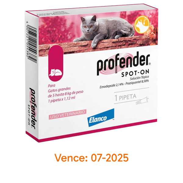 <strong>Profender Spot-On</strong> Solución Tópica, Antiparasitario Interno para Gatos, 5 a 8 kg, 1 pipeta de 1.14 ml (dosis mensual) <strong>Vence: 07-2025</strong>