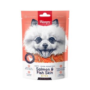 <strong>Wanpy</strong> Salmon Fish Skin Bites, Snack para Perros, Bocados Salmón con Piel Deshidratado, bolsa de 100 gr