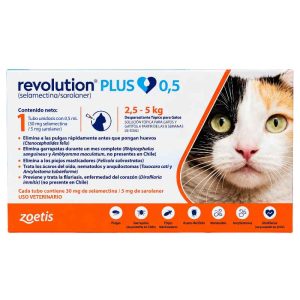 <strong>Revolution PLUS</strong> Solución Tópica, Antiparasitario Interno y Externo para Gatos, 2.5-5 kg, 1 pipeta de 0.5 ml (dosis mensual)