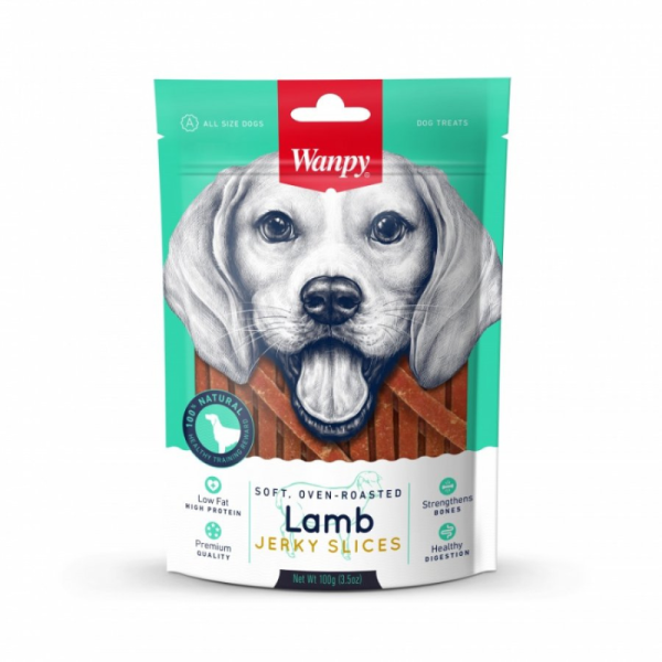 <strong>Wanpy</strong> Lamb Jerky Slices, Snack para Perros, Charqui Suave de Cordero en Tiritas, bolsa de 100 gr