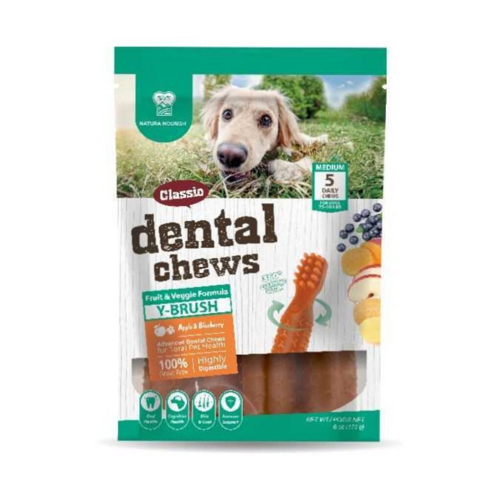 <strong>Natural Nourish</strong> Dental Chews Friot & Veggie Formula, Snack Dental para Perros, Cepillos de Manzana y Arándano, 5 un, bolsa de 170 gr