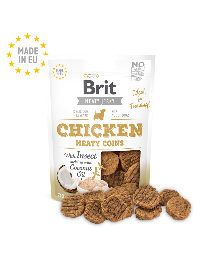 <strong>Brit</strong> Chicken Meaty Coins, Snack para Perros, Monedas de Pollo e Insecto, bolsa de 80 gr