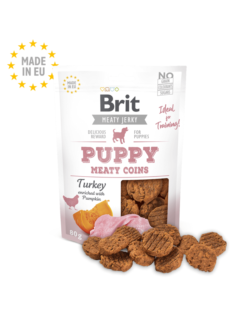 <strong>Brit</strong> Puppy Meaty Coins, Snack para Perros Cachorros, Monedas de Carne Pavo, bolsa de 80 gr