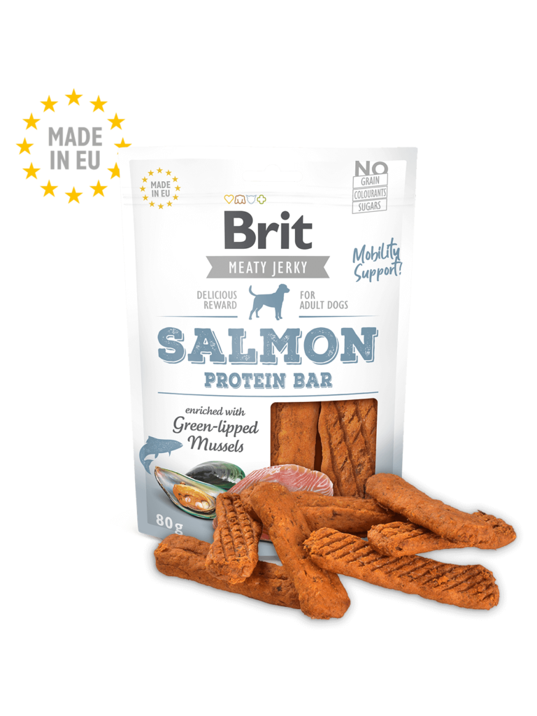 <strong>Brit</strong> Meaty Jerky Salmon Protein Bar, Snack para Perros, Barrita de Proteína Salmón, bolsa de 80 gr