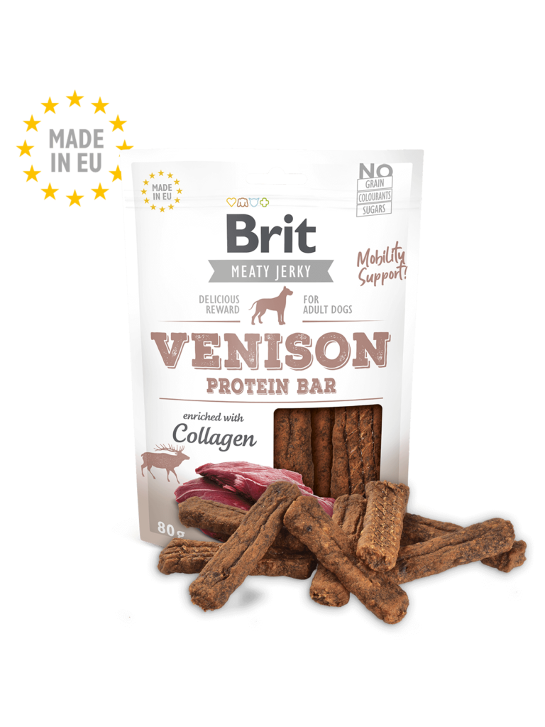 <strong>Brit</strong> Meaty Jerky Venison Protein Bar, Snack para Perros, Barrita de Proteína Venado, bolsa de 80-200 gr