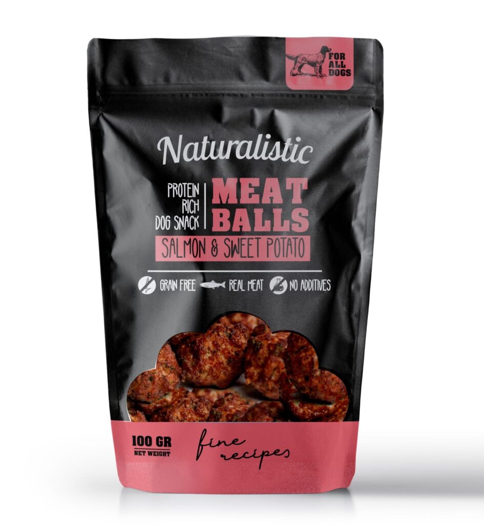 <strong>Naturalistic</strong> Meatballs Salmon and Sweet Potato, Snack para Perros, Albóndigas de Salmón y Camote, bolsa de 100 gr
