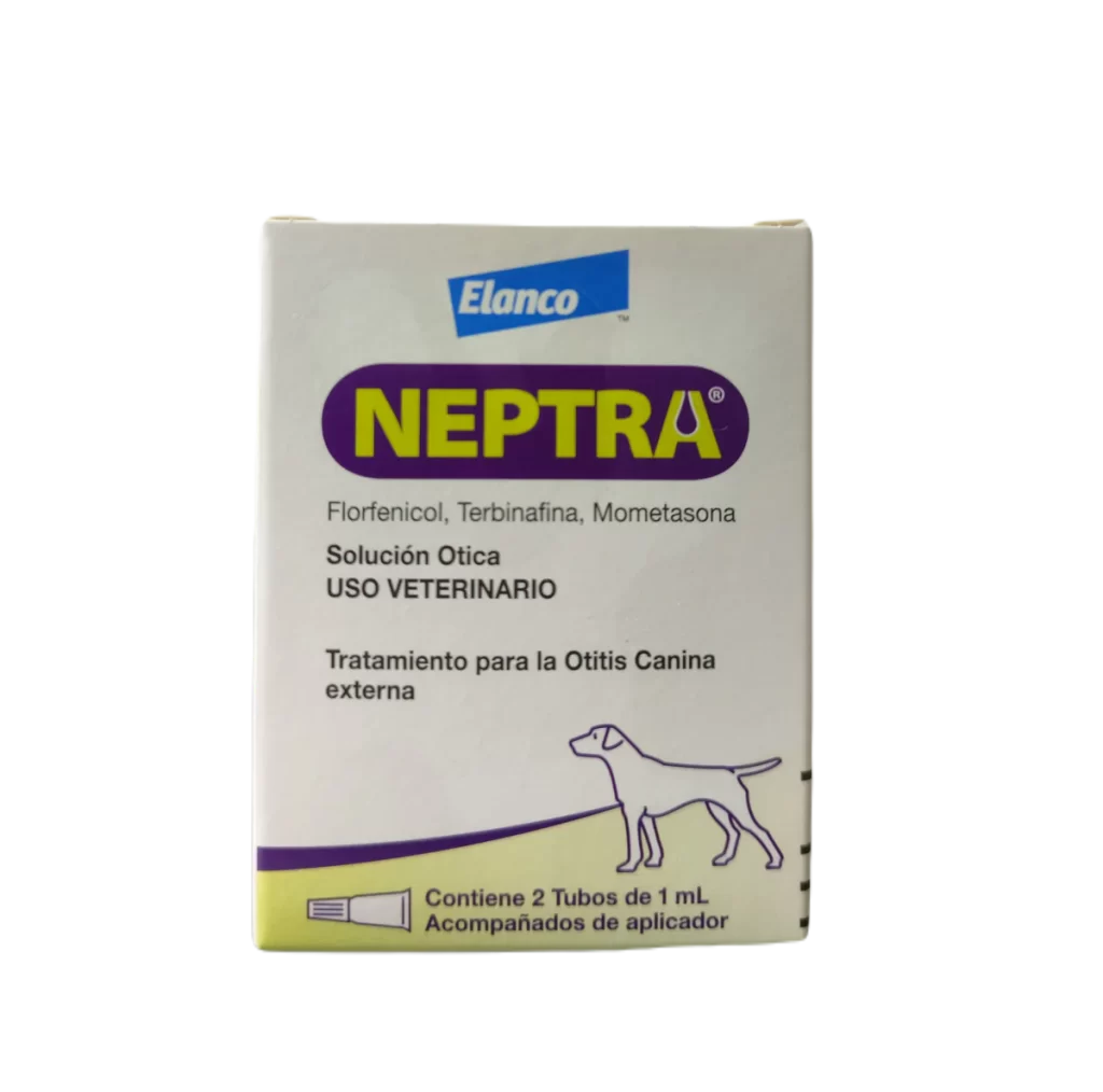 <strong>Neptra</strong> (florfenicol-mometasona-terbinafina) Solución Ótica, Tratamiento de Otitis para Perros, 2 tubos de 1 ml