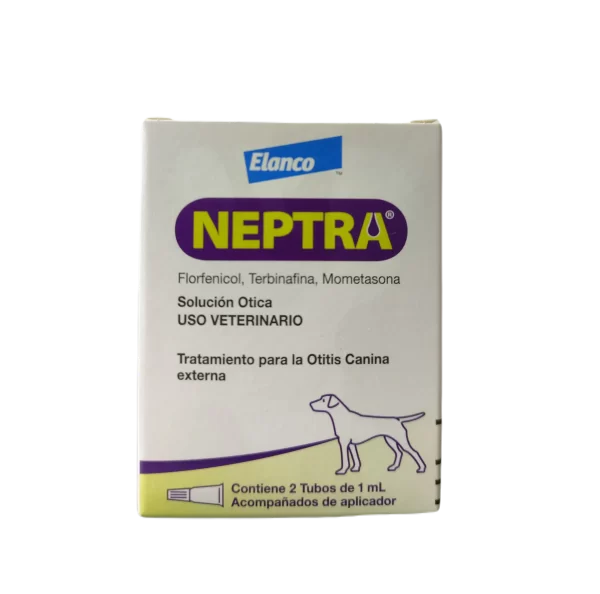 <strong>Neptra</strong> (florfenicol-mometasona-terbinafina) Solución Ótica, Tratamiento de Otitis para Perros, 2 tubos de 1 ml
