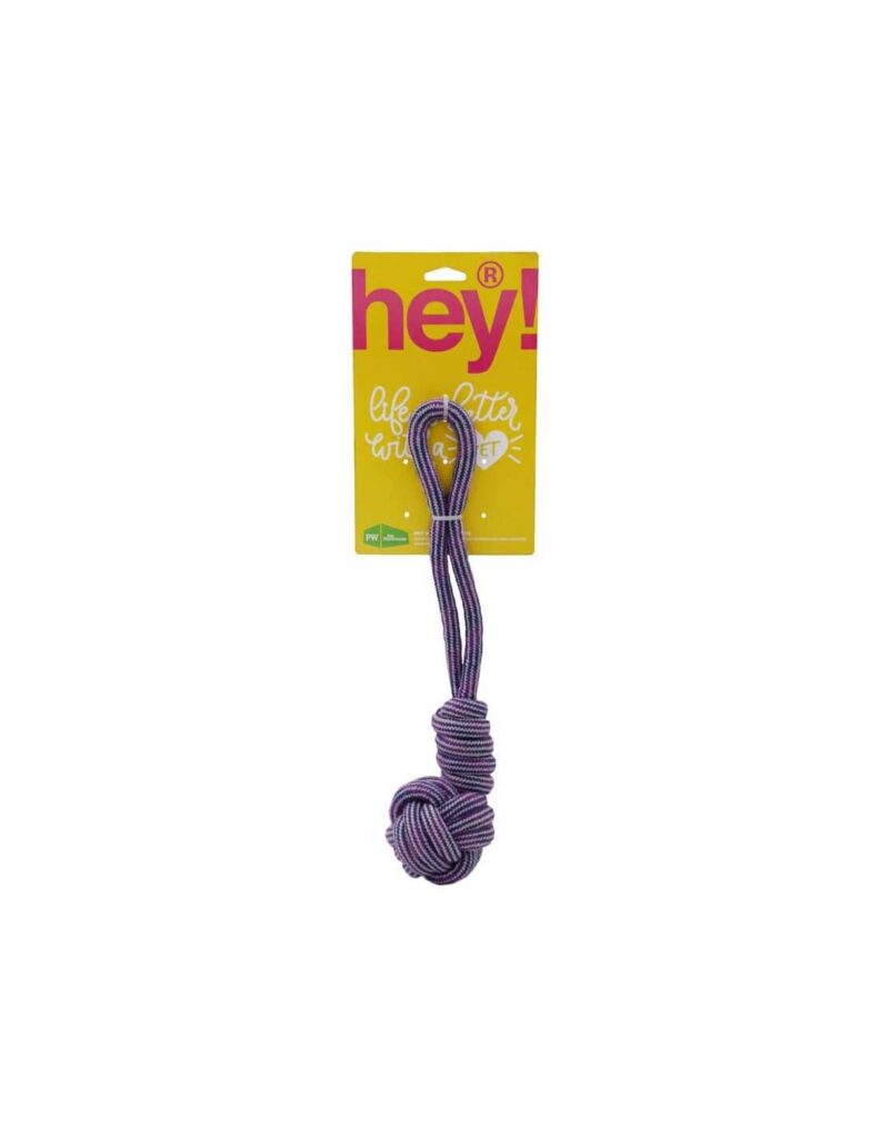 <strong>Hey!</strong> Juguete de Cuerda con Bola para Perros, Algodón Natural Color Morado, Medida 38×8 cm