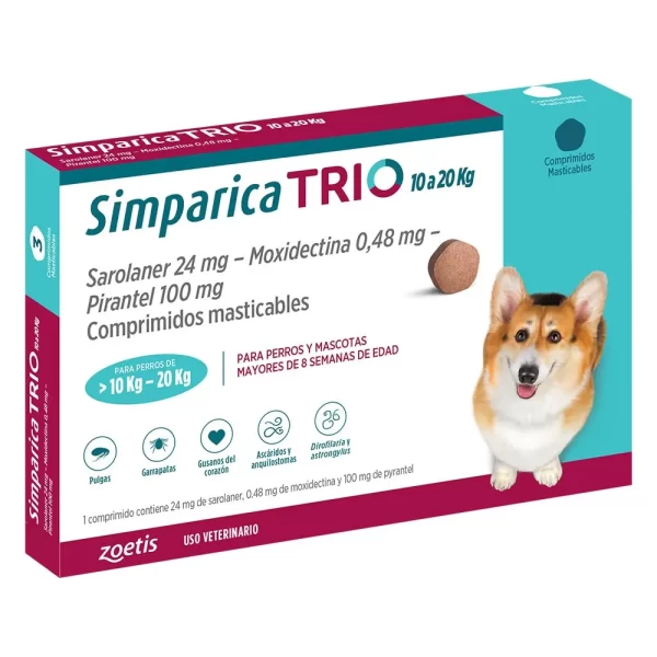 <strong>Simparica TRIO</strong> Antiparasitario Externo para Perros, 10-20kg, 1-3 comprimidos masticables (dosis mensuales)