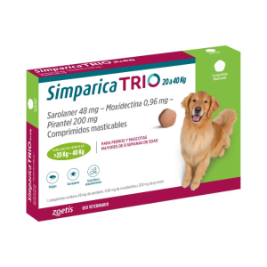 <strong>Simparica TRIO</strong> Antiparasitario Interno y Externo para Perros, 20-40 kg, 1-3 comprimidos masticables (dosis mensuales)