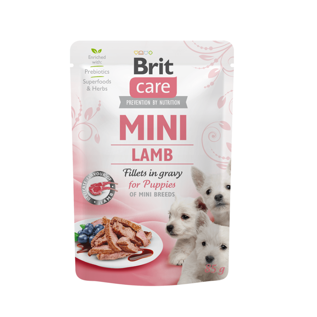 <strong>Brit Care</strong> Mini Lamb, Alimento Húmedo para Perros Cachorros, Raza Mini/Pequeña, Filetes de Cordero en Salsa, bolsa de 85 gr