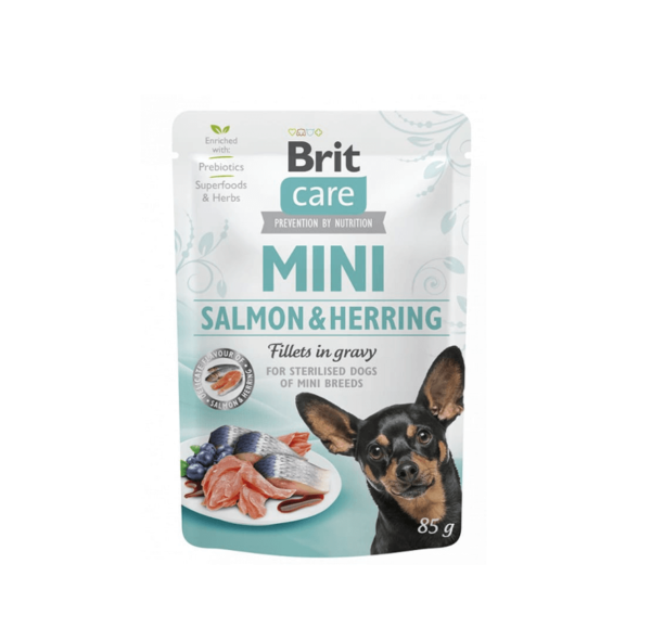 <strong>Brit Care</strong> Mini Salmon & Herring, Alimento Húmedo para Perros, Raza Mini/Pequeña, Salmón y Arenque (Pescado Blanco) en Salsa, 85 gr, en bolsa
