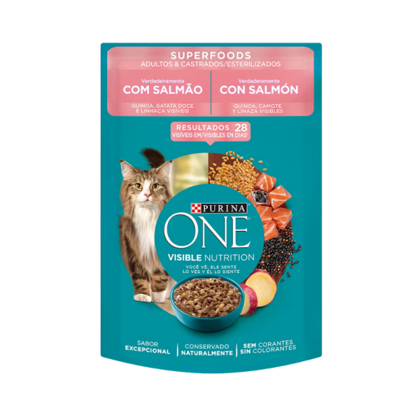<strong>Purina ONE</strong> Superfoods, Alimento Húmedo para Gatos, Salmón, Salsa con Trozos, sobre de 85 gr