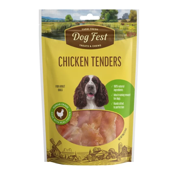 <strong>Dog Fest</strong> Treats & Chews Chicken Tenders, Snack para Perros, Tiras de Pechuga de Pollo, bolsa de 90 gr