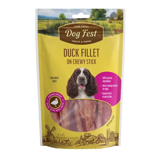 <strong>Dog Fest</strong> Treats & Chews Duck Fillet on Chewy Stick, Snack para Perros, Filete de Pato en Barrita Masticable, bolsa de 90 gr