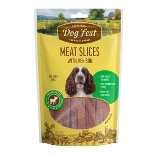 <strong>Dog Fest</strong> Treats & Chews Meat Slices with Venison, Snack para Perros, Rebanadas de Carne con Venado, bolsa de 90 gr