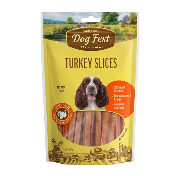 <strong>Dog Fest</strong> Treats & Chews Turkey Slices, Snack para Perros, Rebanadas de Pavo, bolsa de 90 gr