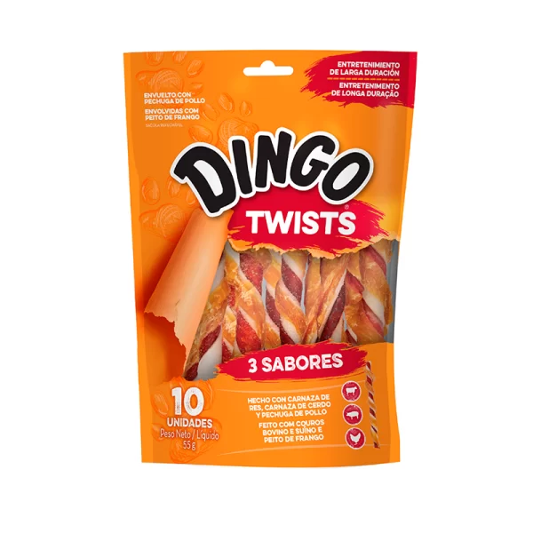 <strong>Dingo</strong> Twists Snack para Perros, Pollo-Res-Cerdo, 10 un, en bolsa