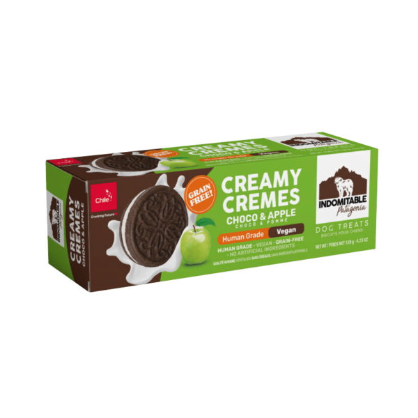 <strong>Indomitable Patagonia</strong> Creamy Cremes Choco & Apple, Snack para Perros, Galletitas de Chocolate con Manzana Libre de Granos, caja de 120 gr