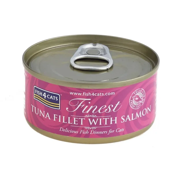 <strong>Fish 4 Cats</strong> Finest, Alimento Húmedo para Gatos, Filete de Atún con Salmón, 70 gr, en lata