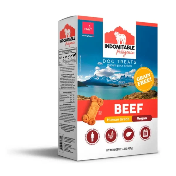 <strong>Indomitable Patagonia</strong> Grain Free Beef, Snack para Perros, Galletitas de Carne de Res Libre de Granos, caja de 460 gr