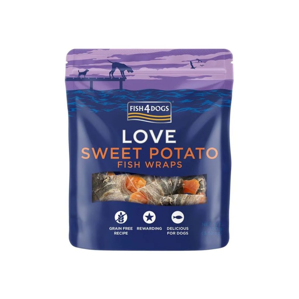 <strong>Fish 4 Dogs</strong> Love Sweet Potato Fish Wraps, Snack para Perros, Camote Envuelto en Piel de Pescado, bolsa de 100 gr