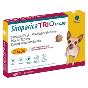 <strong>Simparica TRIO</strong> Antiparasitario Interno y Externo para Perros, 1.25-2.5 kg, 1-3 comprimidos masticables (dosis mensuales)
