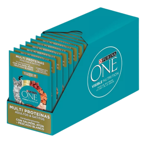<strong>Pack: Purina ONE</strong> Multiproteínas, Alimento Húmedo para Gatos, Salmón Atún y Pescado Blanco, Salsa con Trozos, en sobre, 85 gr, 15 unidades