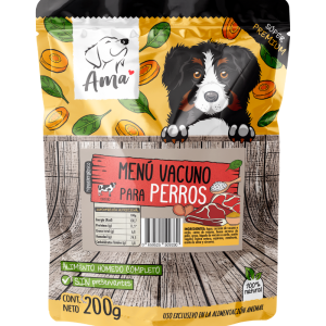 <strong>Ama</strong> Menú Vacuno, Alimento Húmedo Completo para Perros, sachet de 200 gr
