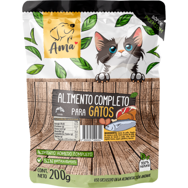 <strong>Ama</strong> Alimento Húmedo Completo para Gatos, Pollo, sachet de 200 gr