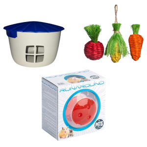 <strong>Pack para Roedores:</strong> Bola de Ejercicios + Refugio + Juguetes de Pasto