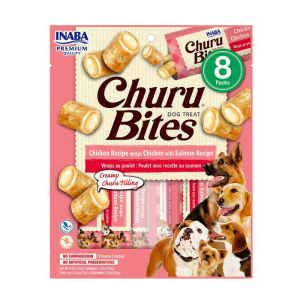 <strong>Inaba</strong> Churu Bites Dog, Snack Humedo para Perros, Sabor Pollo Con Salmón en Wraps de Pollo, 8 tubos, bolsa de 96 gr