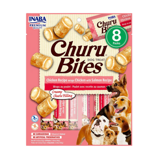 <strong>Inaba</strong> Churu Bites Dog, Snack Humedo para Perros, Sabor Pollo Con Salmon en Wraps de Pollo, 8 Tubos Exprimibles, Bolsa de 96 gr