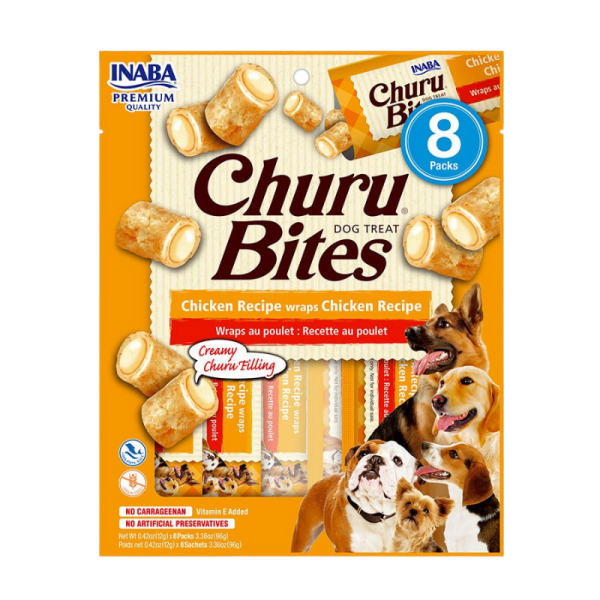 <strong>Inaba</strong> Churu Bites Dog, Snack Humedo para Perros, Sabor Pollo en Wraps de Pollo, 8 Tubos, bolsa de 96 gr