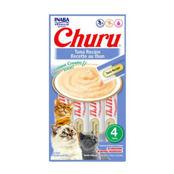 <strong>Inaba</strong> Churu Cat, Snack Húmedo para Gatos, Sabor Atún, 4 tubos exprimibles, bolsa de 56 gr