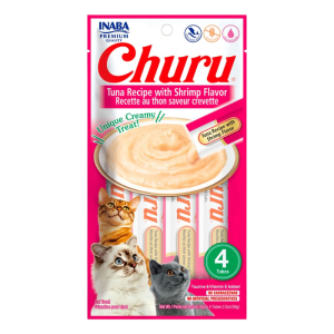 <strong>Inaba</strong> Churu Cat, Snack Húmedo para Gatos, Sabor Atún con Camarón, 4 tubos exprimibles, bolsa de 56 gr