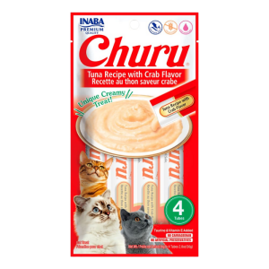 <strong>Inaba</strong> Churu Cat, Snack Húmedo para Gatos, Sabor Atún con Cangrejo, 4 tubos exprimibles, bolsa de 56 gr