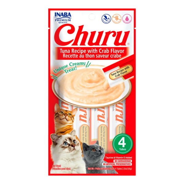 <strong>Inaba</strong> Churu Cat, Snack Húmedo para Gatos, Sabor Atún con Cangrejo, 4 tubos exprimibles, bolsa de 56 gr