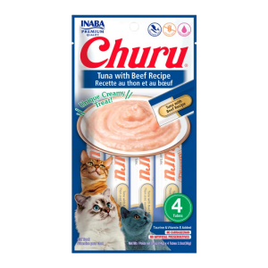 <strong>Inaba</strong> Churu Cat, Snack Húmedo para Gatos, Sabor Atún con Carne, 4 tubos exprimibles, bolsa de 56 gr