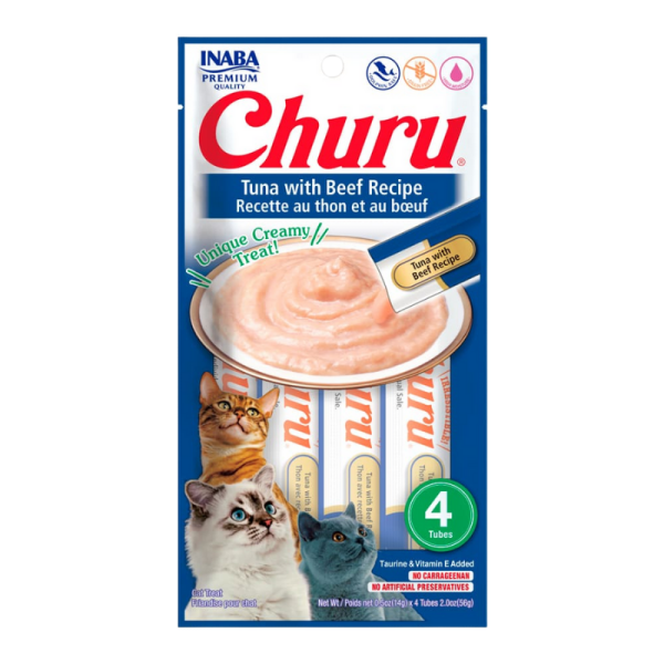<strong>Inaba</strong> Churu Cat, Snack Húmedo para Gatos, Sabor Atún con Carne, 4 tubos exprimibles, bolsa de 56 gr