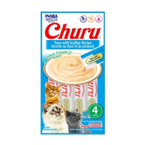 <strong>Inaba</strong> Churu Cat, Snack Húmedo para Gatos, Sabor Atún con Ostion, 4 tubos exprimibles, bolsa de 56 gr
