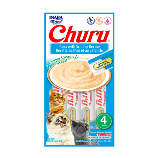 <strong>Inaba</strong> Churu Cat, Snack Húmedo para Gatos, Sabor Atún con Ostion, 4 tubos exprimibles, bolsa de 56 gr