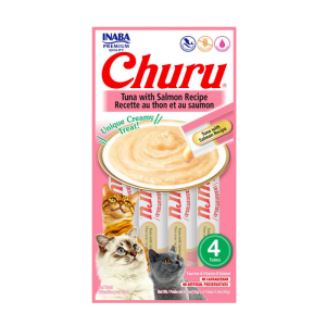 <strong>Inaba</strong> Churu Cat, Snack Húmedo para Gatos, Sabor Atún con Salmón, 4 tubos exprimibles, bolsa de 56 gr