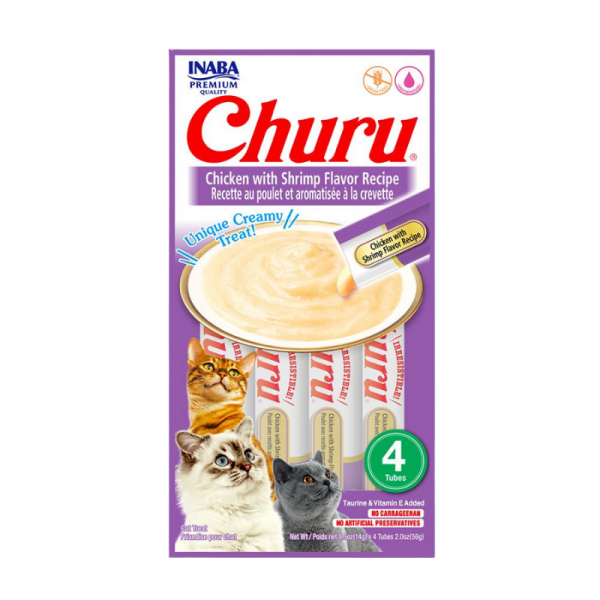 <strong>Inaba</strong> Churu Cat, Snack Húmedo para Gatos, Sabor Pollo con Camarón, 4 tubos exprimibles, bolsa de 56 gr