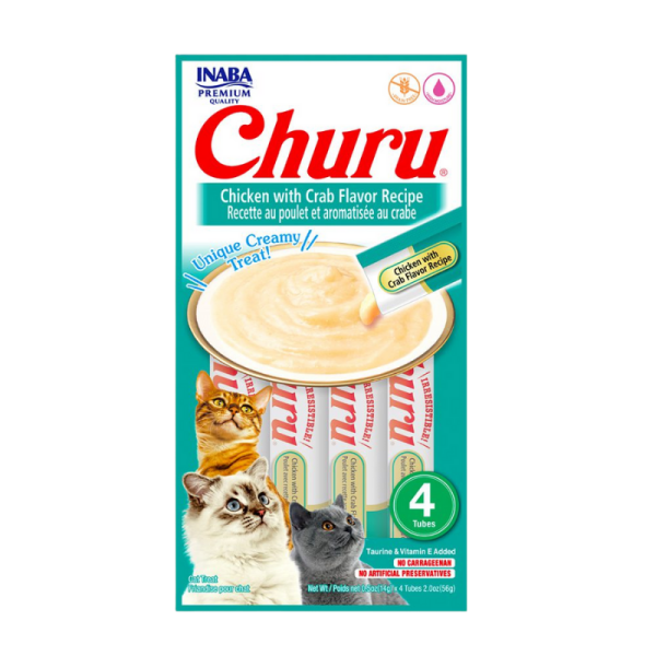 <strong>Inaba</strong> Churu Cat, Snack Húmedo para Gatos, Sabor Pollo con Cangrejo, 4 tubos exprimibles, bolsa de 56 gr